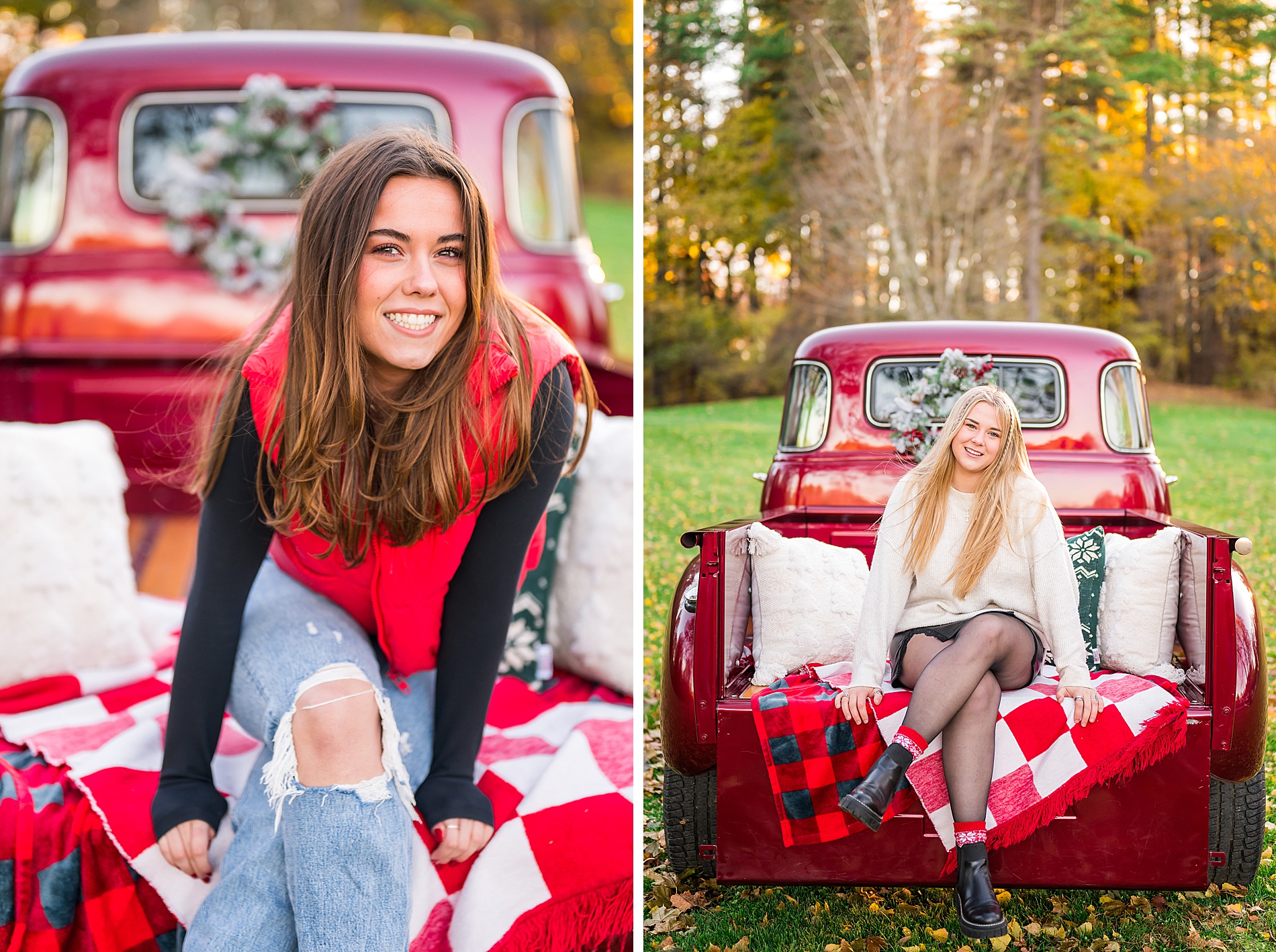 christmas senior portraits in red truck