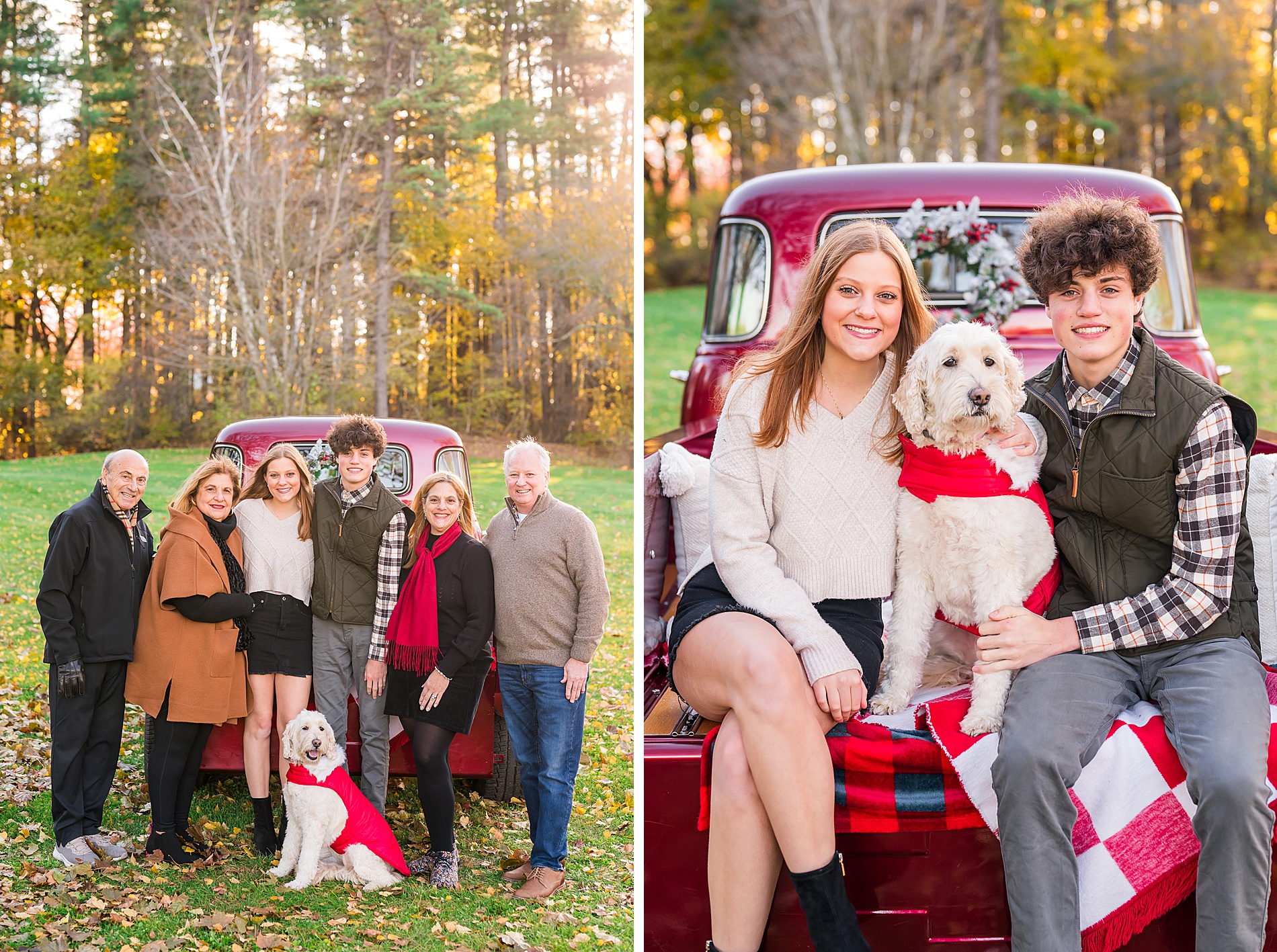 family sit in back of themed red truck for mini session