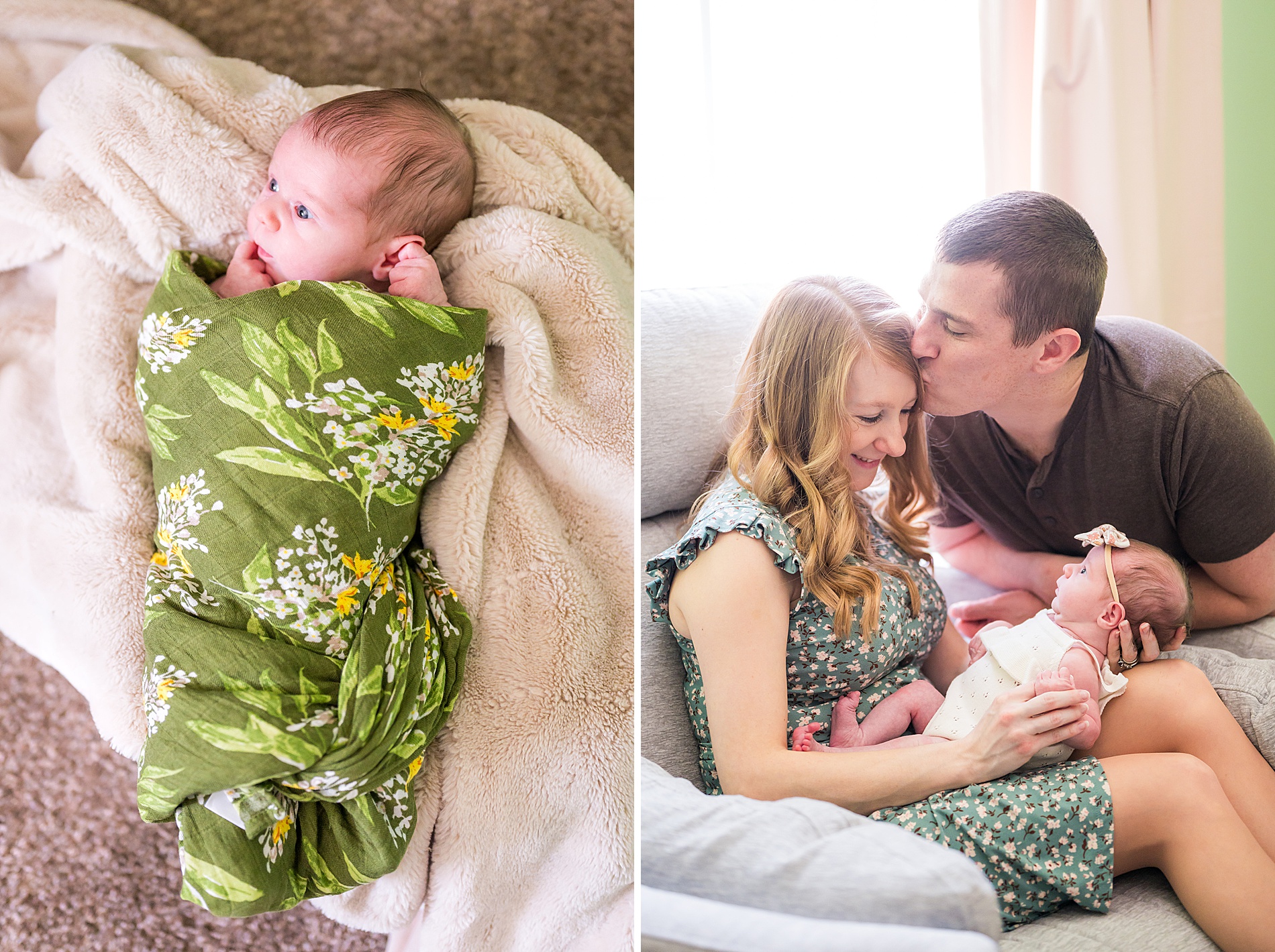 baby wrapped in floral green blanket with parents