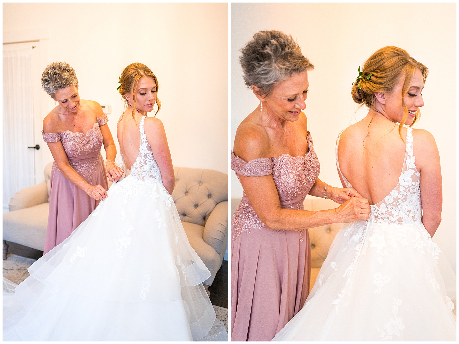 mom helping bride into dress