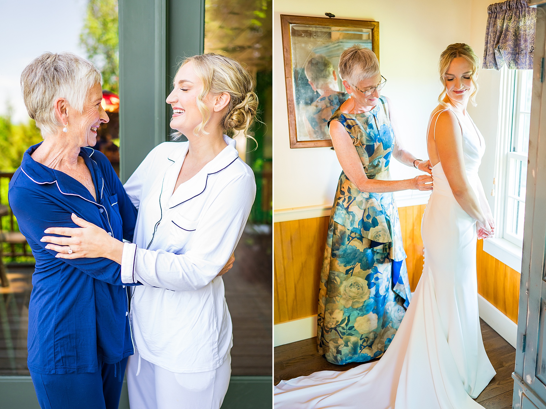 mother helps daughter into wedding wedding dress