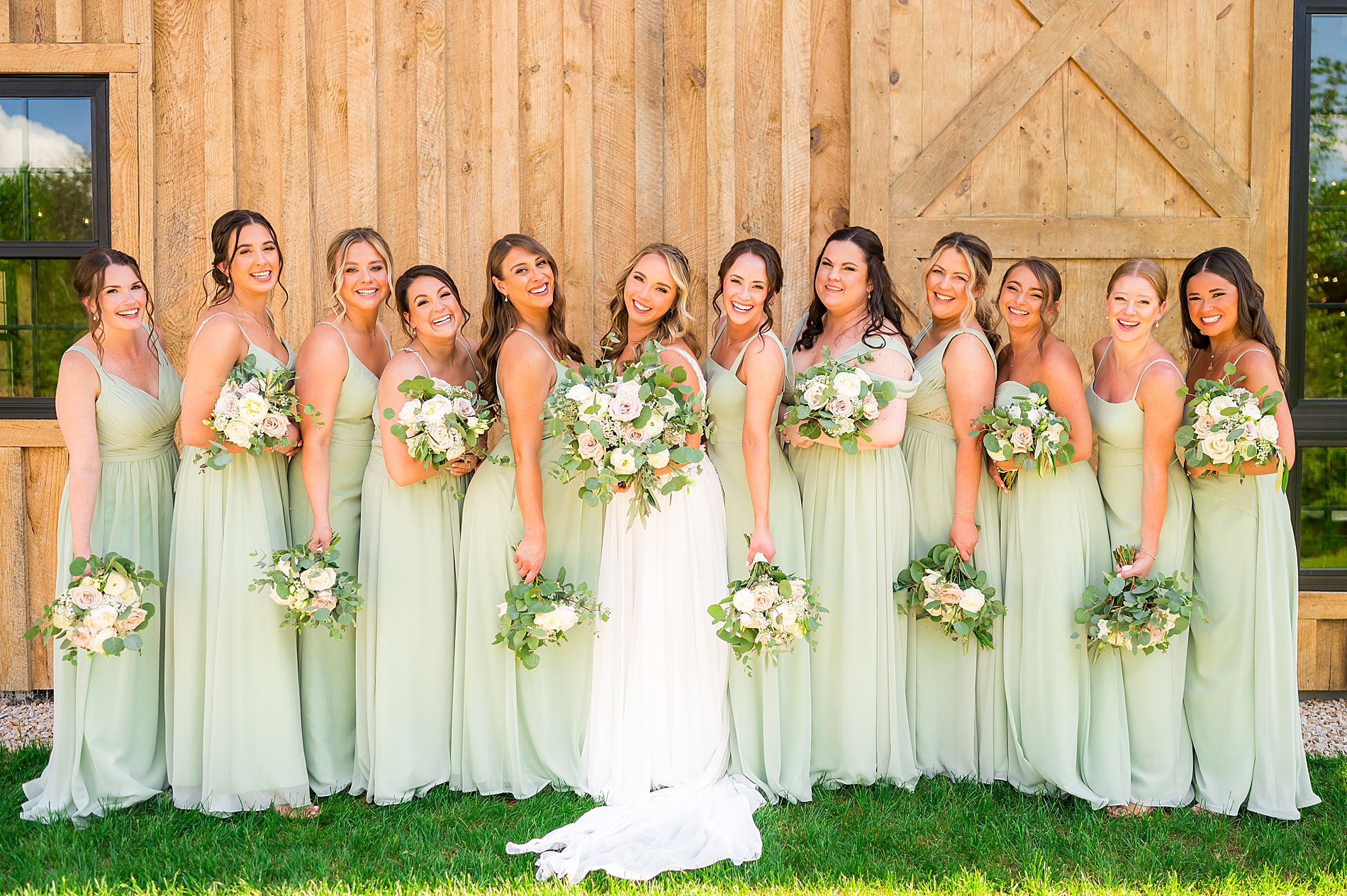 bride and bridesmaids in sage green dresses