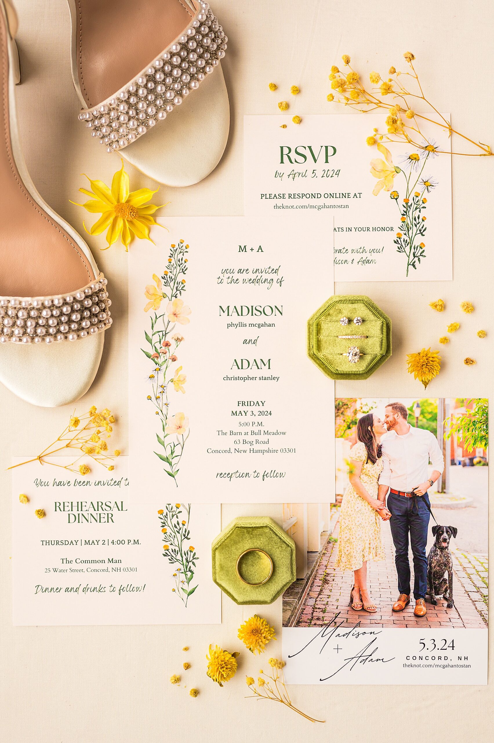 wedding invitation and flat lay design from Spring Wedding at Barn on Bull Meadow 