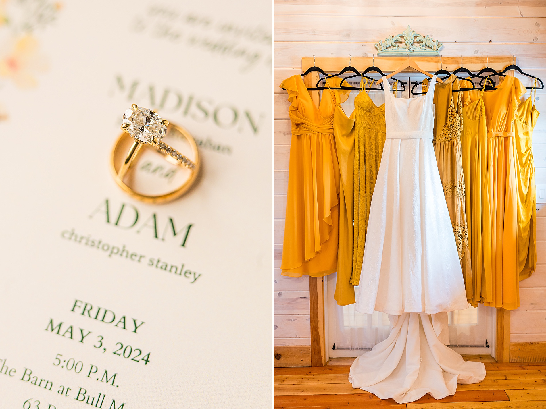wedding dress and marigold yellow bridesmaids' dresses