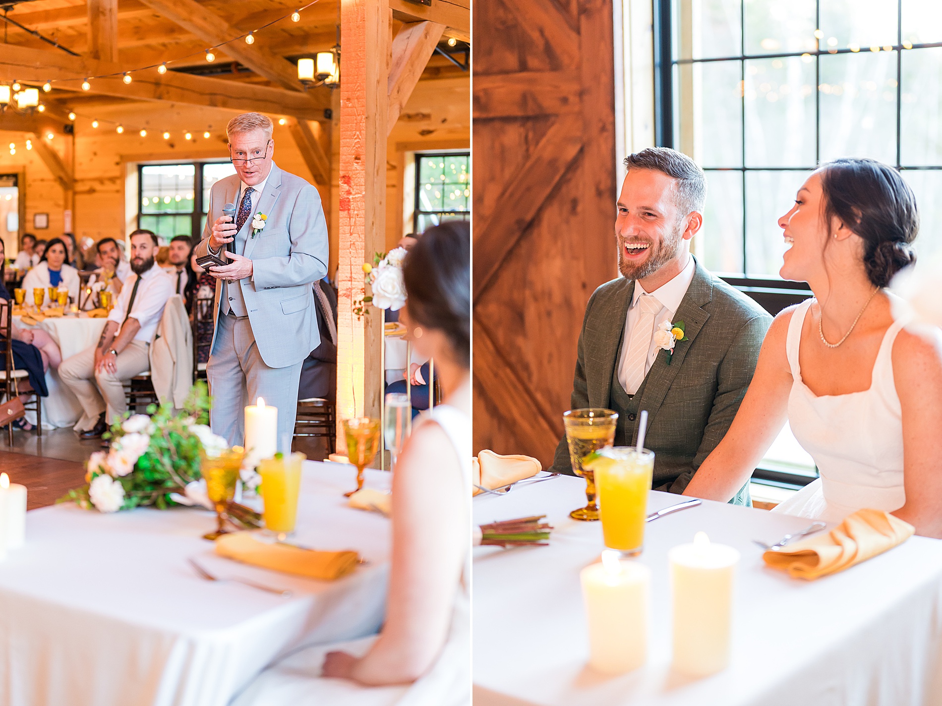 bride and groom react to wedding toasts