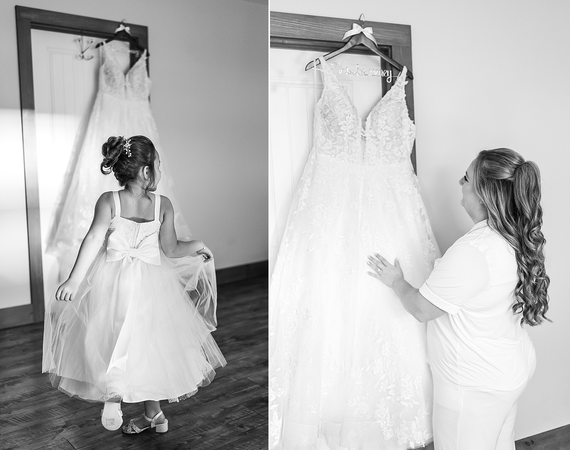 bride and flower girl by wedding dress