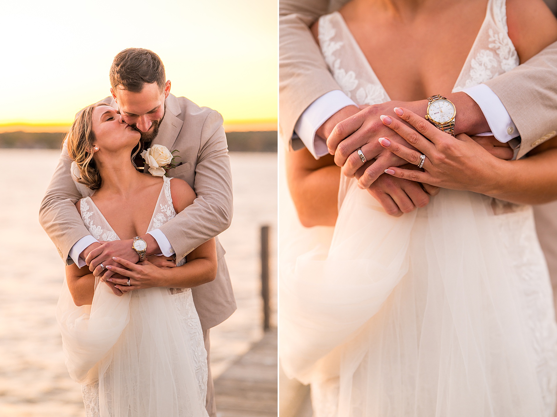 groom wraps his arms around bride