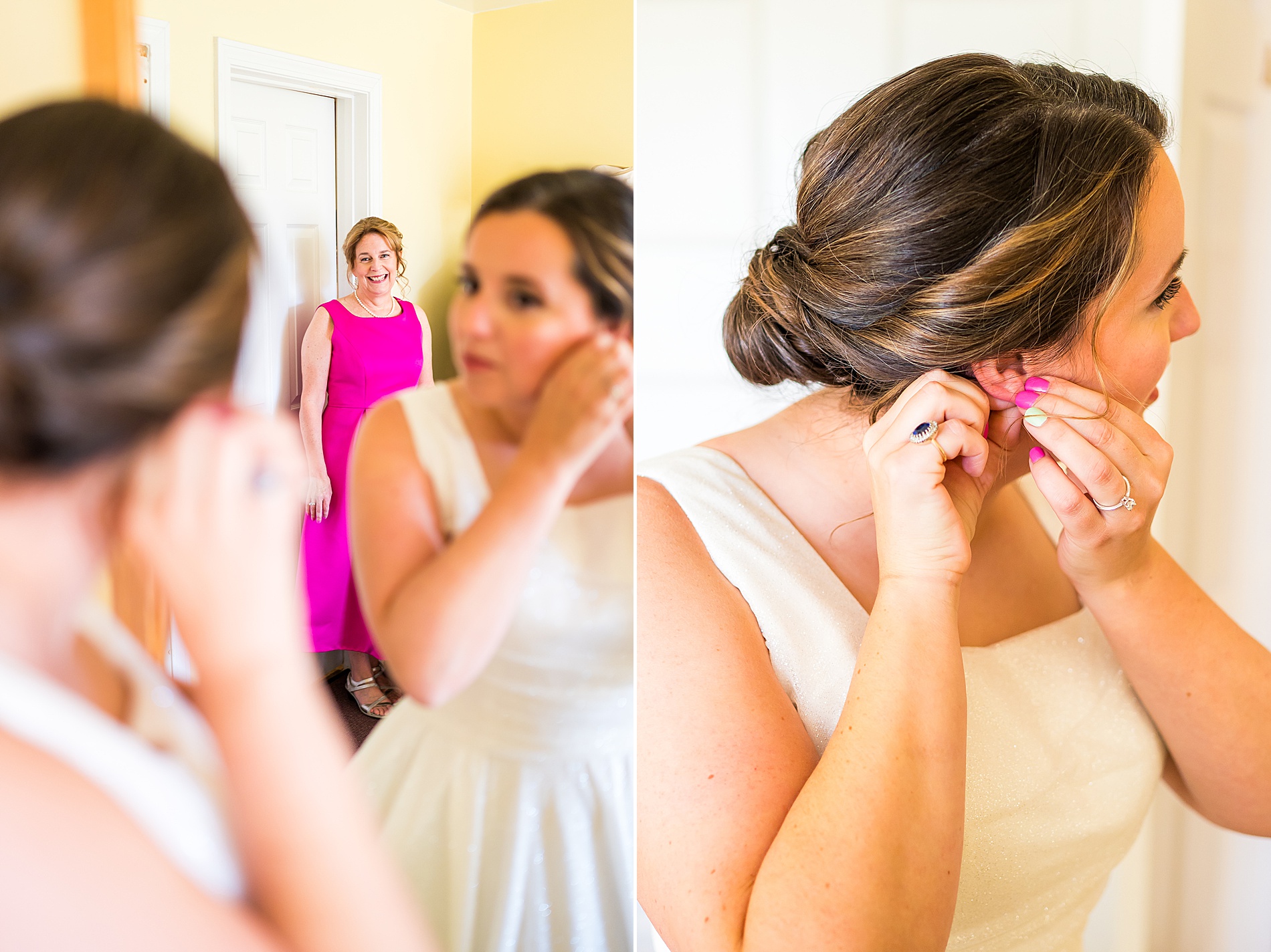 bride putting earings in