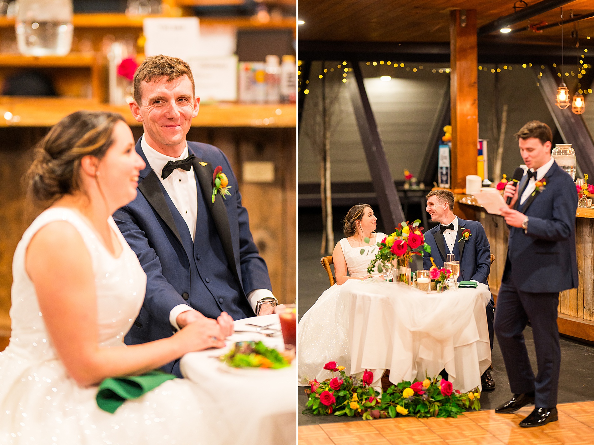 couple listen to wedding speeches at Waterville Valley Resort reception