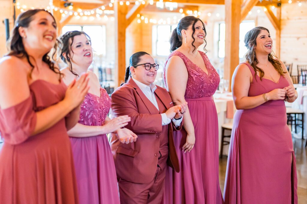 First look with bridesmaid's | March wedding at the barn at bull meadow