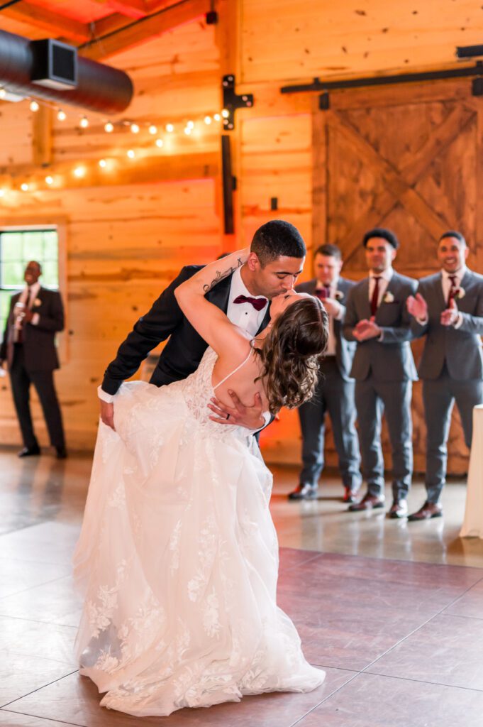 First dance kiss | wedding at the Barn at bull meadow
