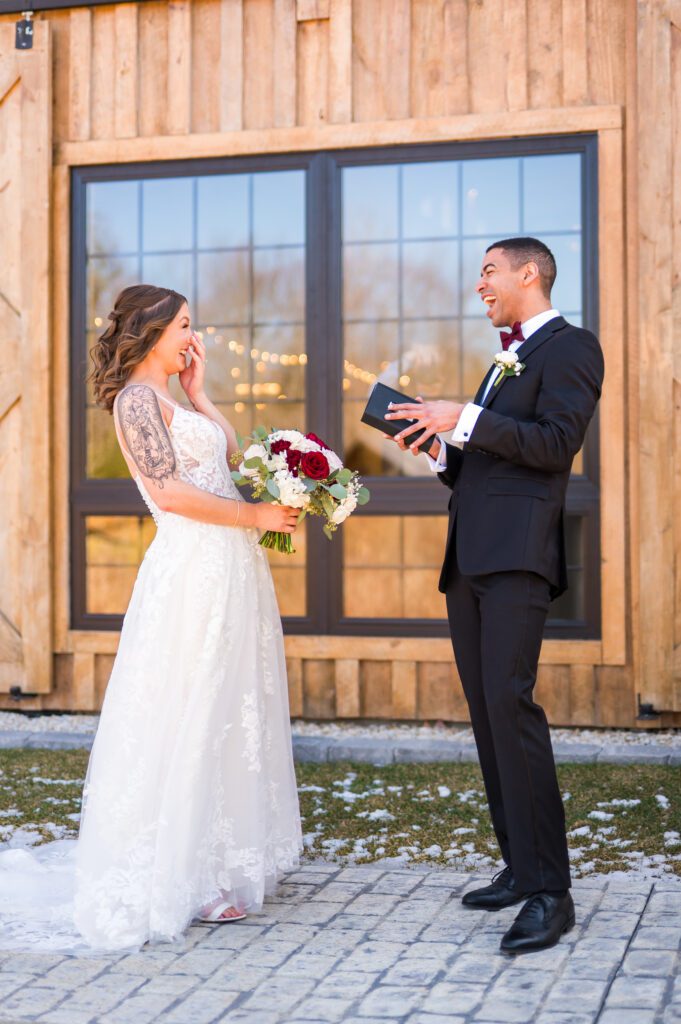 Bride and groom laughing | Spring wedding at the The barn at bull meadow