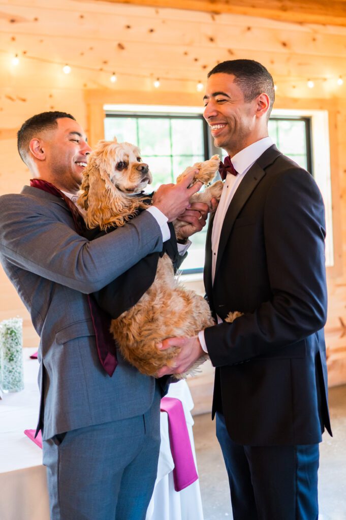 Groom with dog | Spring wedding at the Barn at Bull Meadow